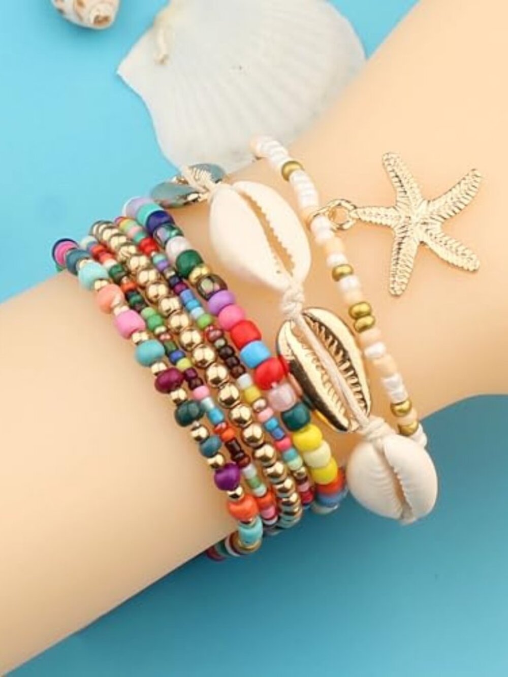 New - 7 PCS Colorful Beaded Seashell Starfish Bracelet Set Beach Jewelry